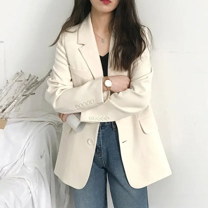 Elegant Casual Loose Long Sleeve Women's Small Suit Jacket Korean Style Spring Autumn Chic Polyester Fiber Button Decoration