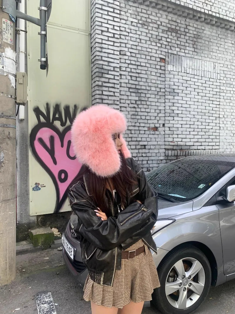 Korean Ins Imitation Mink Plush Hat Winter Women Ear Protection Bomber Hats Fashion Warm Fluffy Faux Fur Ski Beanies Y2k Gift
