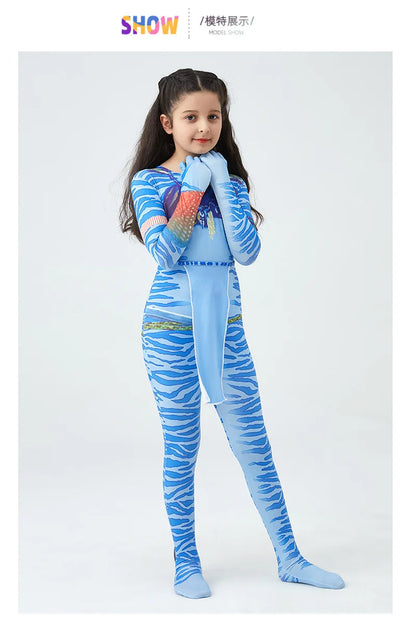 Girls Avatar 2 Neytiri Costume Tail Suit Boys Jake Sully Cosplay Zentai Bodysuit Jumpsuit Kids Halloween Birthday Party Costume