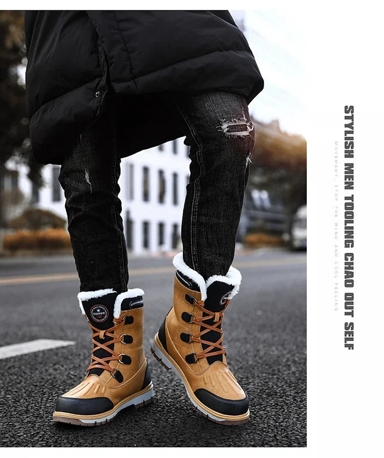 Fashion Men's Winter Boots Warm Fur High-top Snow Boots Men Waterproof Leather Platform Boots Outdoor Non-slip Men Winter Shoes