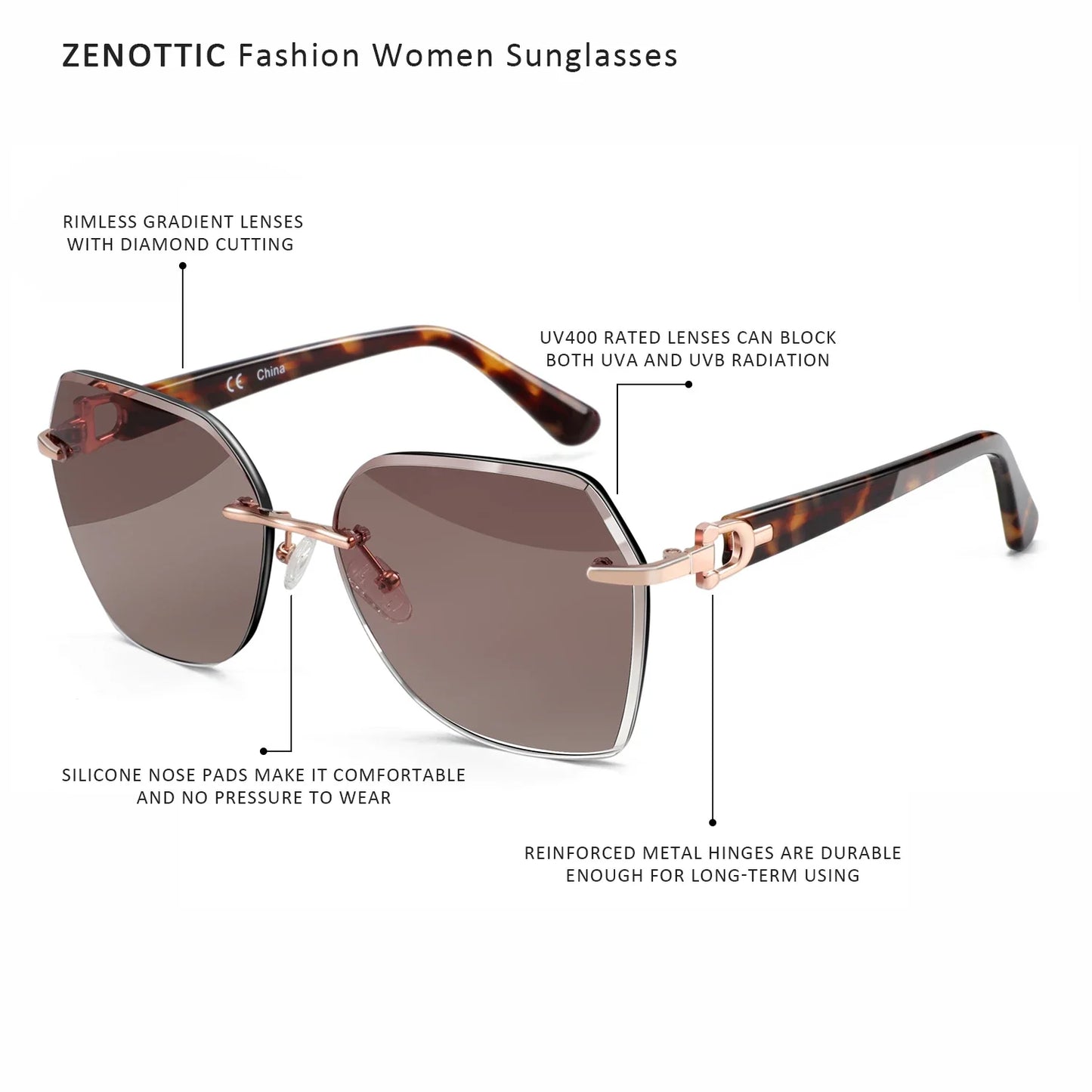 Fashion Women Rimless Sunglasses for Ladies Trendy Geometric Diamond Cutting Gradient Lens UV Protection Shades