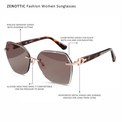 Fashion Women Rimless Sunglasses for Ladies Trendy Geometric Diamond Cutting Gradient Lens UV Protection Shades