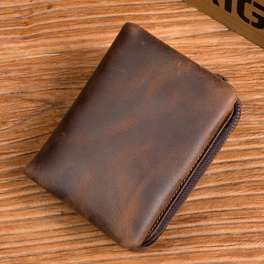 Portefeuille en cuir fait à la main "Crazy Horse" rétro vertical avec fermeture éclair, portefeuille simple vieilli en cuir de première couche pour homme