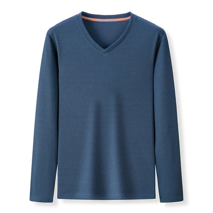 Minimalist Men's V-neck Long Sleeve T-shirt Soft Knitted Fabric Comfortable Top for All Seasons