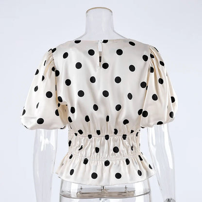 Vintage Polka Dot Puff Sleeve Woman Blouse 2026 Street Chic Ruched O Neck Shirts Female Summer Casual Ruffles Tops Women