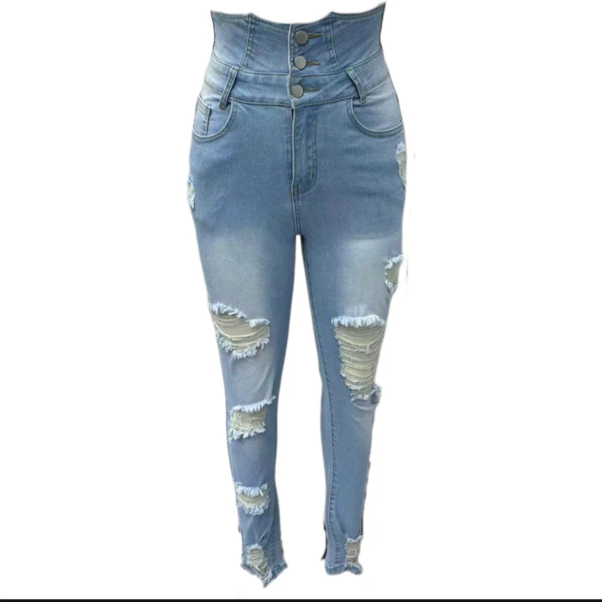 Women's High Waisted Elastic Jeans Vintage Hole Blue Tight Denim Trouser Basic Small Leg Jeans Elastic Tight Pants New
