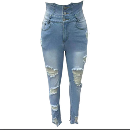 Women's High Waisted Elastic Jeans Vintage Hole Blue Tight Denim Trouser Basic Small Leg Jeans Elastic Tight Pants New