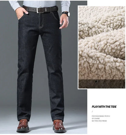 Winter Men's Fleece Thick Sherpa Jeans Business Casual Velvet Straight Denim Pants Male Wool Plush Classic Stretch Trousers