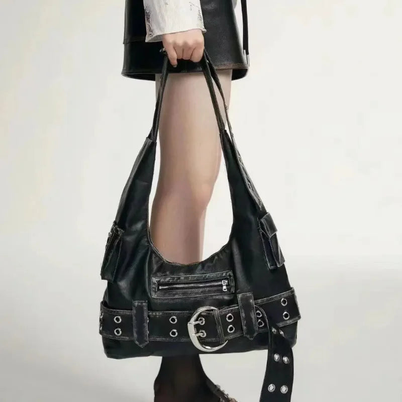 Belt buckle Women Luxury Designer Handbag And Purses PU Rivet Multiple Pockets Y2K Large Capacity Shoulder bags big totes