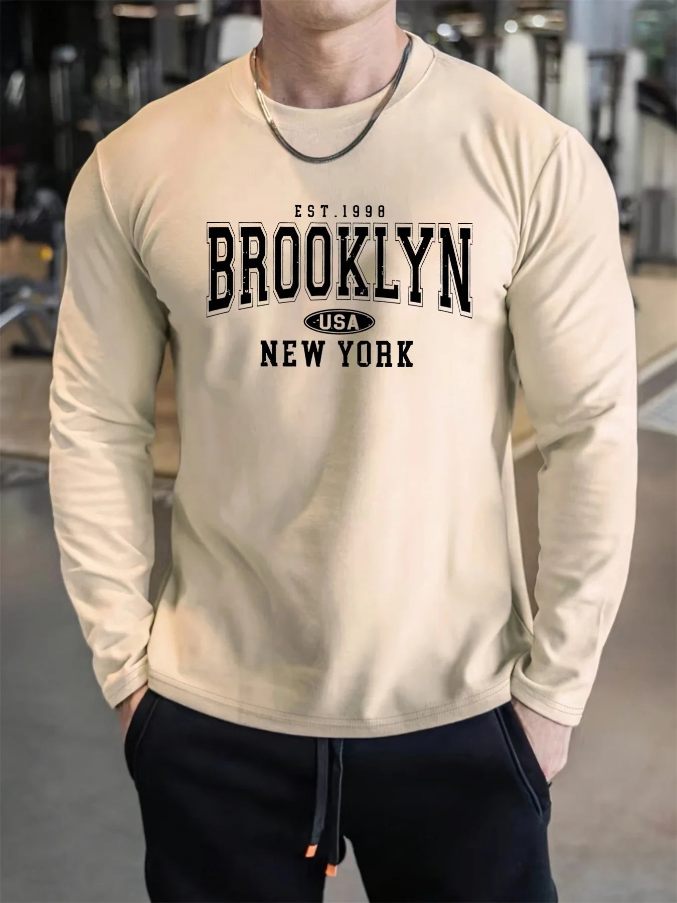 Men's 100% pure cotton loose and comfortable casual sports Brooklyn letter printed round neck long sleeved T-shirt top