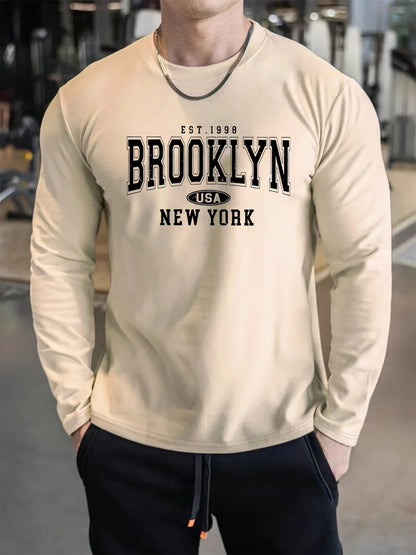 Men's 100% pure cotton loose and comfortable casual sports Brooklyn letter printed round neck long sleeved T-shirt top