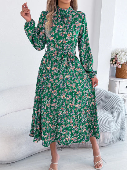 Floral Stand Up Collar Bridesmaid Dress 2026 Spring Summer Elegant Long Sleeve Waist Cinched Pleated Dresses Valentine's Day