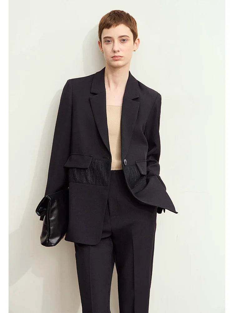 Minimalism 2025 Women's Blazer Autumn New Office Lady Lace Spliced Shoulder Professional Loose Female Notched Tops 12443009