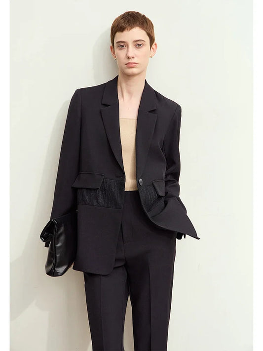 Minimalism 2025 Women's Blazer Autumn New Office Lady Lace Spliced Shoulder Professional Loose Female Notched Tops 12443009