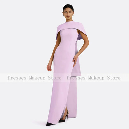 Customized Evening Dress Beige Cape O Neck Floor Length Column Evening Gowns for Women Draped Back Split Black Formal Party Gown