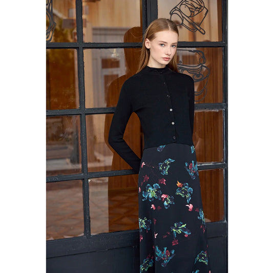 AP Women 2026 Autumn and Winter New Printing Satin Dress Knitting Cardigan Mock Neck Modal Shirt