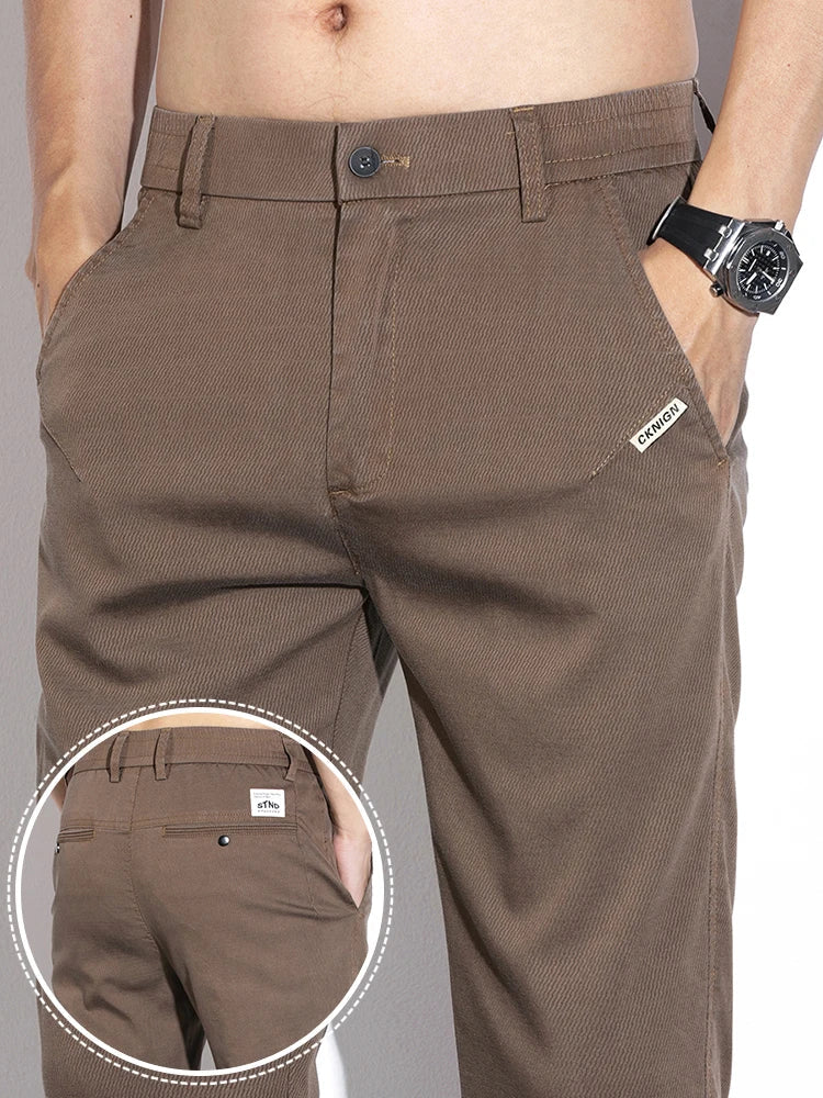 Thin Men's Pants Spring Summer Straight Casual Pants Lyocell Fabric Fashion Slim Stretch Korean Trousers Solid Color 2025 New