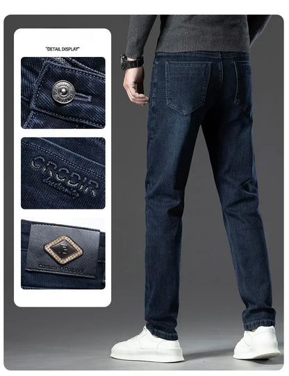 Men's Thicken Fleece Straight Jeans Winter Business Casual Stretch Denim Pants Warm Plush Brand Trousers Pans Male Classic