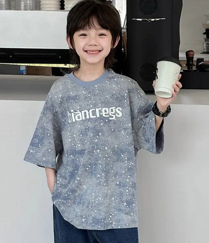 2026 New Boys' Summer Starry Sky Tie Dye Short Sleeve T-Shirt Pure Cotton Stylish Boys' Tops Trendy Summer Wear