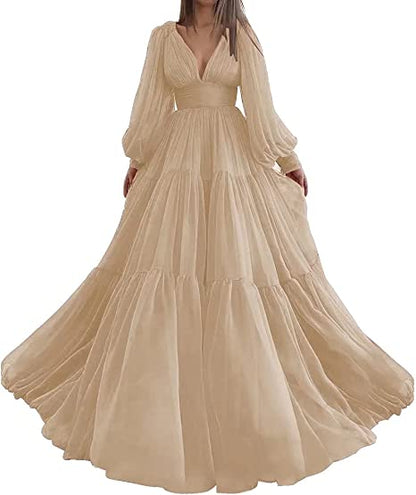 Pleat Tulle Princess Prom Gown V-Neck Long Puff Sleeve Plus Size Evening Gown Elegant Dress Women for Wedding Party