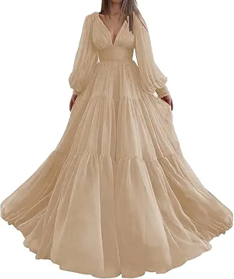 Pleat Tulle Princess Prom Gown V-Neck Long Puff Sleeve Plus Size Evening Gown Elegant Dress Women for Wedding Party