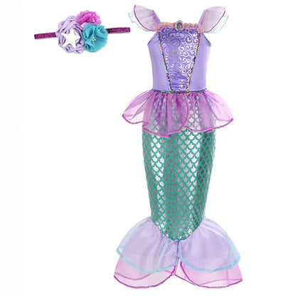 Halloween Little Mermaid Ariel Princess Costume Summer Purple Dress Girls Cosplay Mermaid Carnival Birthday Party Swimsuit Set