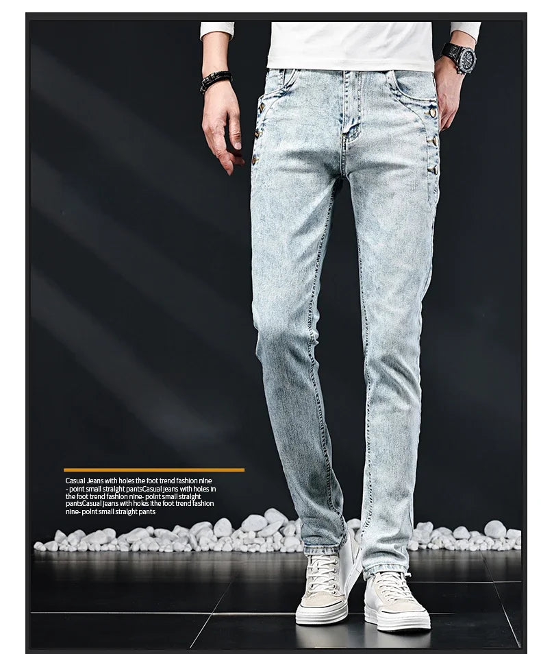 Slim Skinny Jeans Men New Elastic Korean Design Fashion Multi-Button Blue White Vintage Wash Cotton Stretch Denim Pants Trousers