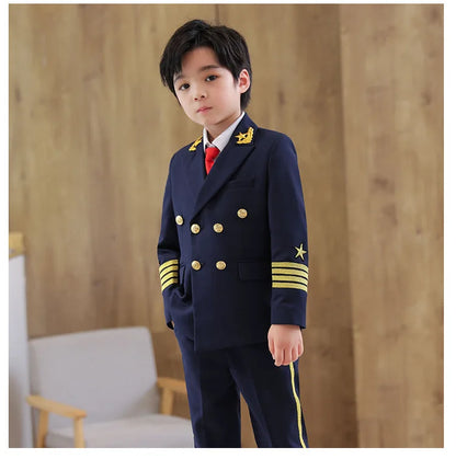Flower Boys Pilot 3Pieces/Set Jacket Pants Tie Uniform Suit Kids Tuxedo Wedding Dress Children Birhtday Photograph Stage Costume