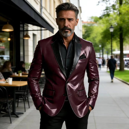 Men's Shiny Patent Leather Blazer Contrast Notch Lapel Two Button Suit Jacket Luxury Casual Business Formal Coat Party Wedding