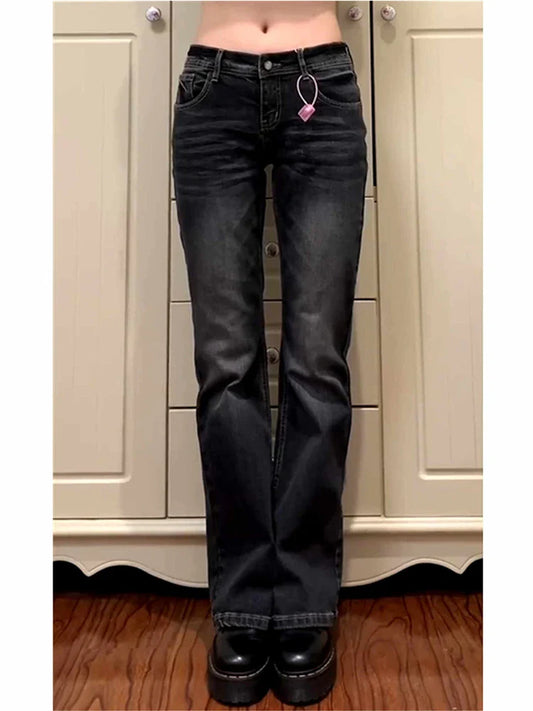 Women's Low Rise Flared Jeans Black Bootcut Jeans American Retro Denim Pants Y2k Japanese 2000s Harajuku Bell Bottom Skinny Jean