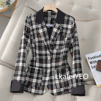 Spring Autumn Women's Blazer Jacket 2025 Casual Korean Version Ladies Suit Coat Long Sleeve Plaid Tweed Fashion Lady Outerwear