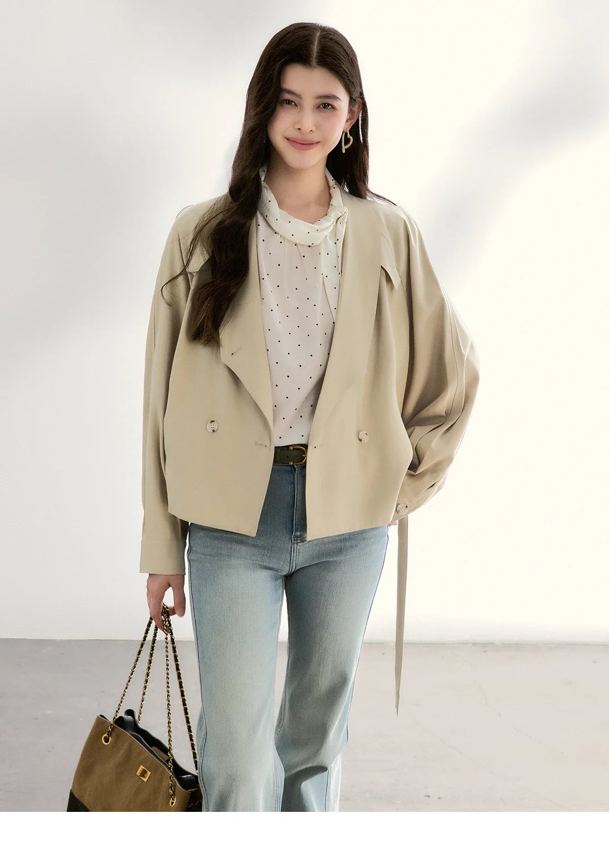 Women's White Polka Dot Blouse Spring Bow Tie Neck Sheer Chiffon Blouses Casual Long Sleeve Top Office Lady MXF13X2531