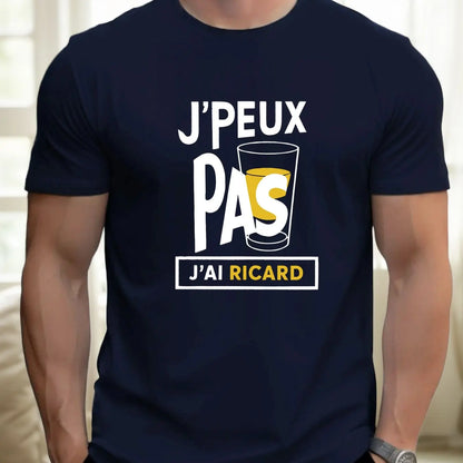 Men "J'Peux Pas J'ai Ricard" Graphic Tee - Casual Crew Neck Short Sleeve Summer Style Cotton Blend Regular Fit Men Clothing