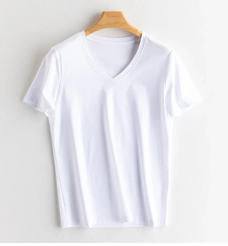 6% Real Silk Cotton Modal Women's T-shirt 2026 Summer Tees Short Sleeve Solid Tee Shirts V-neck Casual Woman Basic T shirt Tops