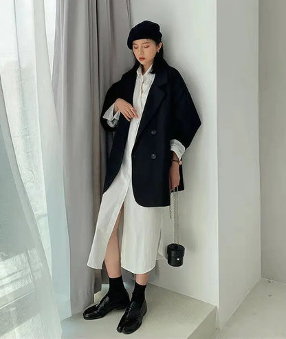 Oversize Blazers Women Long Sleeve Black Suit Streetwear Korean Chic Loose Jacket Spring Autumn Coat Double-breasted Tweed New