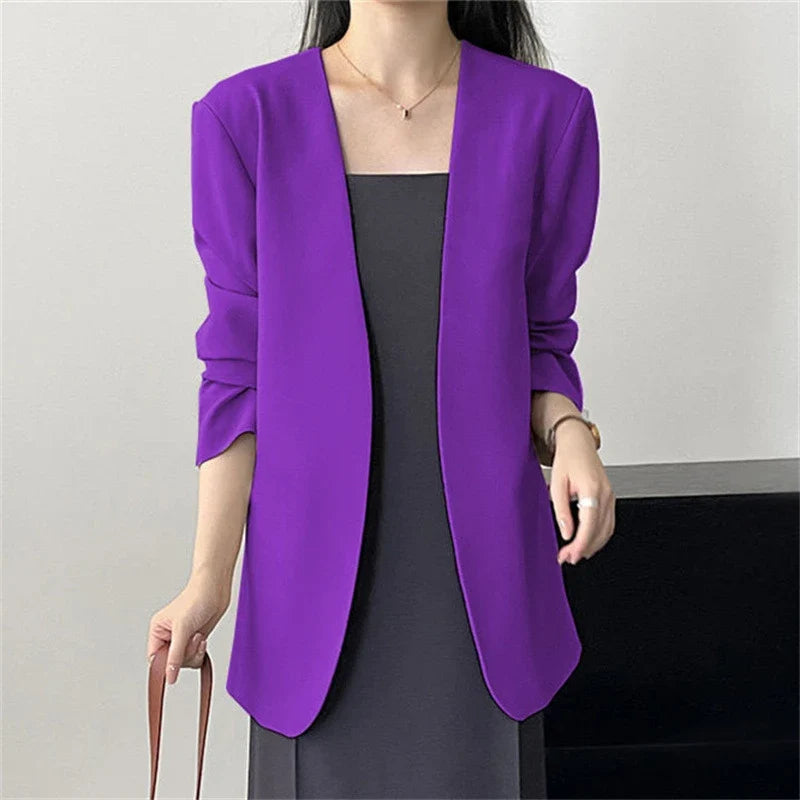 Fashion New Solid Casual Joker Women's Blazer Spring Autumn No Placket Cardigan Suit Jackets V-neck Long Sleeve 19-Color Coats