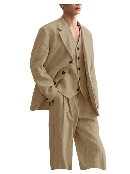 Men's Linen Suit Classic Notch Lapel 3 piece(Blazer+Vest+Pants)Breathable Wide Leg Trousers for Groom Spring Summer Party