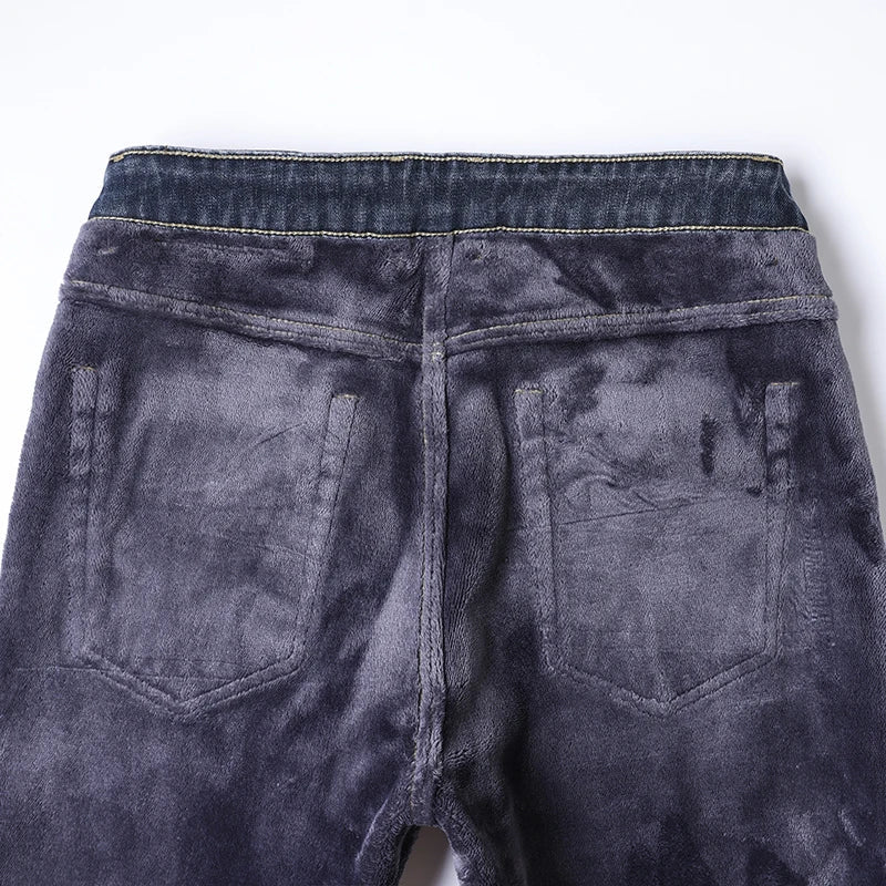 2025 Winter Fleece Jeans Men's Fashion Elastic Slim Straight Warm Trousers Thicken Business Casual Korean Thermal Denim Pants