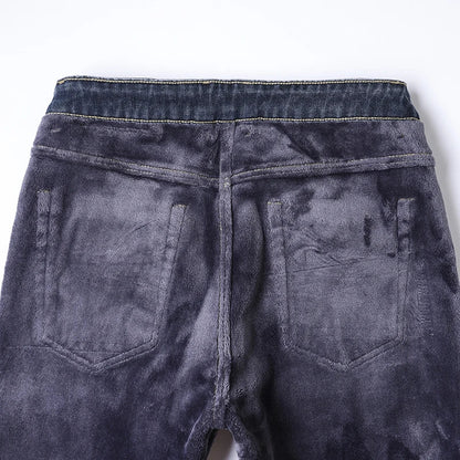2025 Winter Fleece Jeans Men's Fashion Elastic Slim Straight Warm Trousers Thicken Business Casual Korean Thermal Denim Pants