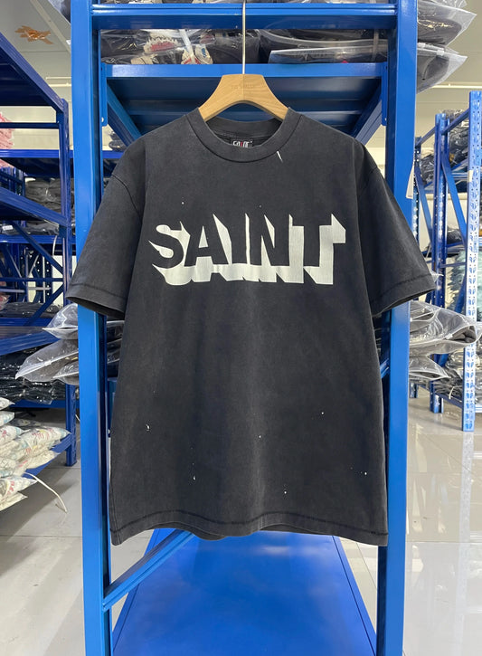 Vintage Saint 25SS High Quality Letter Printed Pattern High Street Casual Loose Cotton T-shirt Washed Oversized Men's Tops