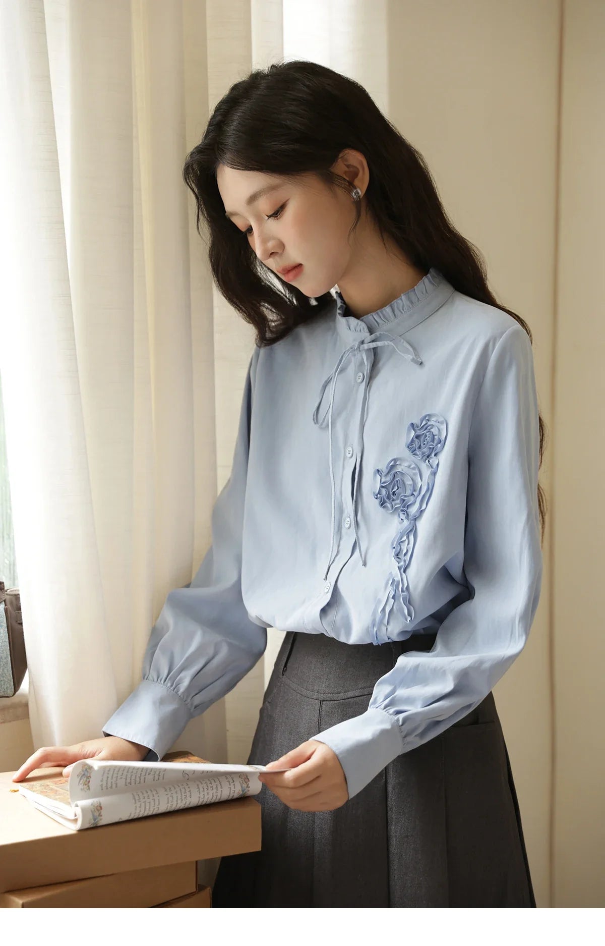 Coiled Flowers Embroidered Blue Shirt for Women Spring 2026 Stand Neck Lace-up Brushed Shirts Office Lady MXE44C2398
