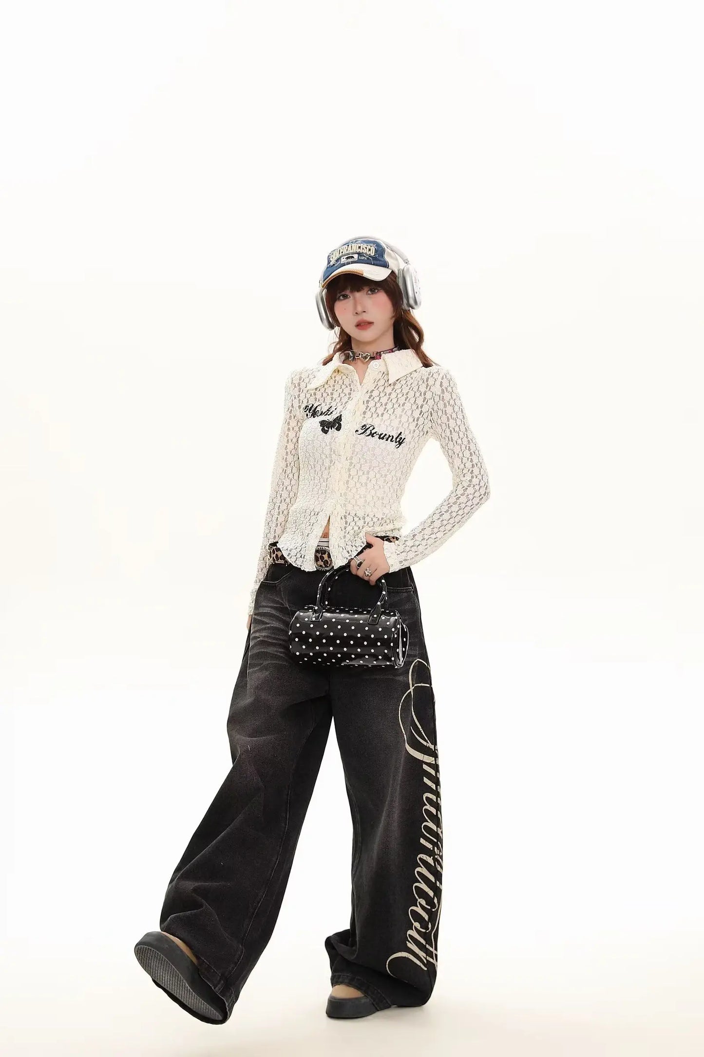 Blue Loose Wide Leg Jeans Women's Fashion High Waist Straight Cut Casual Trousers Autumn New Style Slimming Effect Cotton Pol...