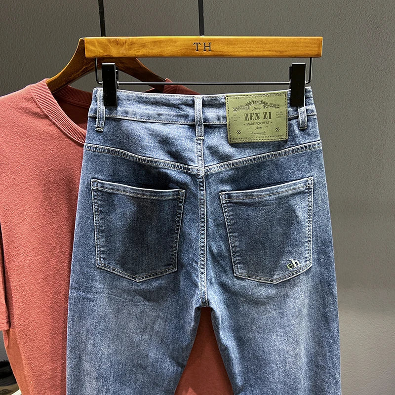 Men's Loose Harem Jeans Classic Blue Fashion Elastic Tapered Small Feet Denim Pants Streetwear Youth Ankle Length Trousers