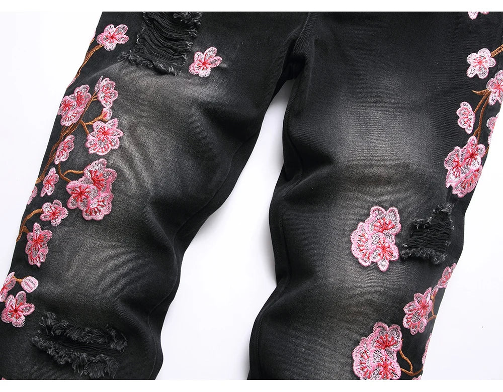 Men Sakura Embroidery Denim Jeans Streetwear Boot Cut Pants Released Hem Flared Trousers with Ripped And Cherry Blossom Design