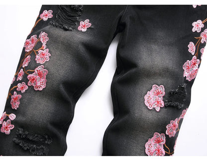 Men Sakura Embroidery Denim Jeans Streetwear Boot Cut Pants Released Hem Flared Trousers with Ripped And Cherry Blossom Design