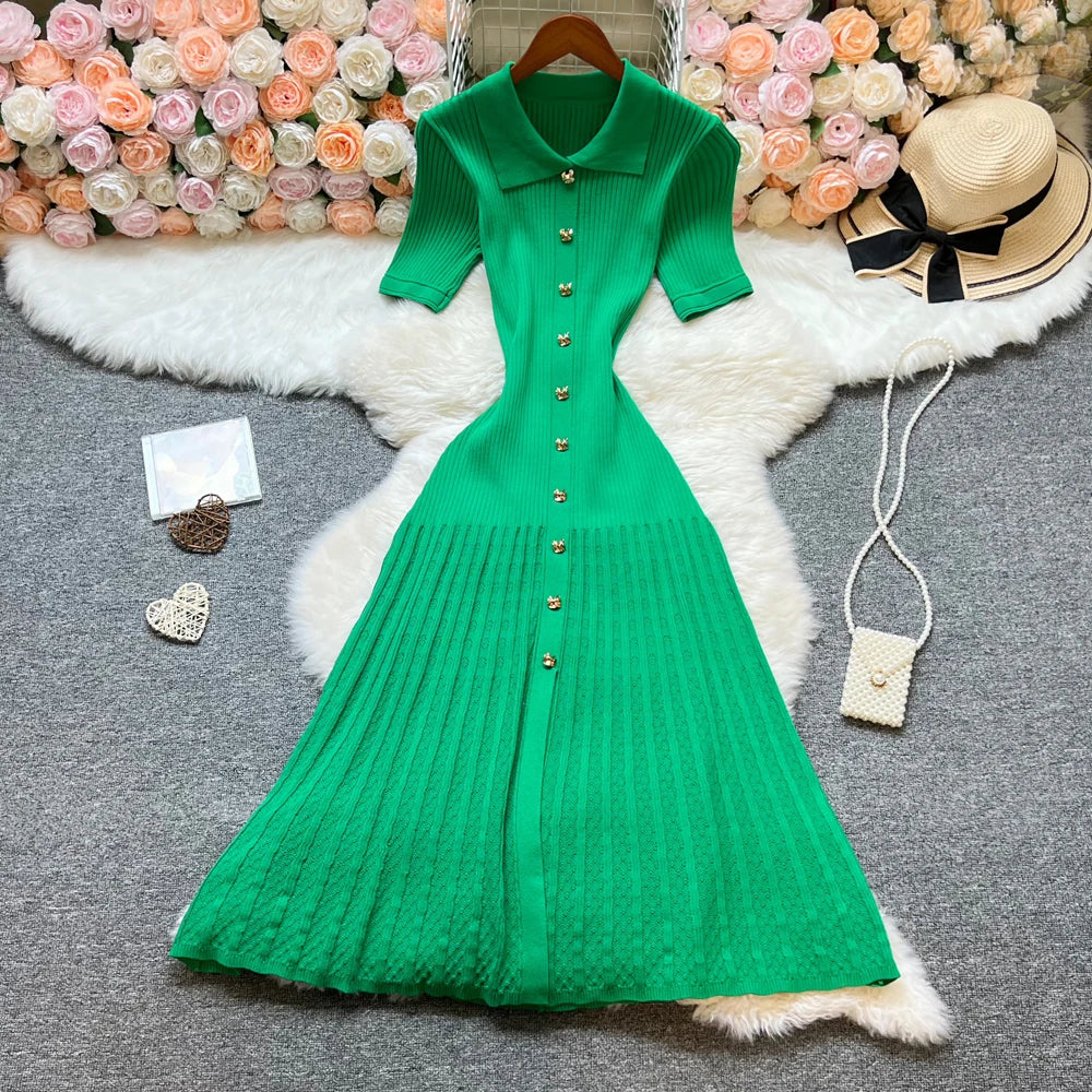 Brand Fashion Elegant Patchwork Knitted Long Dress Spring Summer Women Luxury Shirt Sweater Dress Lady Party Vestido