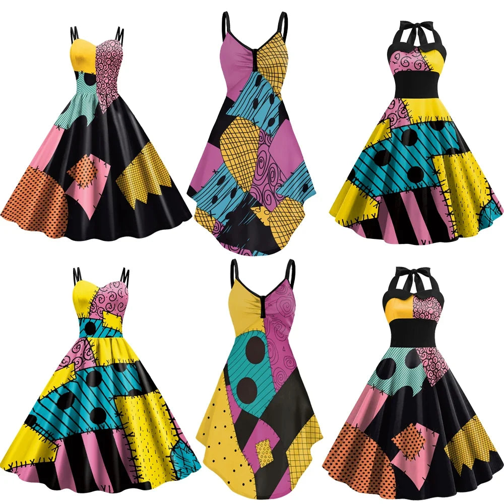 Halloween Nightmare Christmas Sally Dress Spaghetti Strap Women's Sexy Backless Dresses Patchwork Vestidos