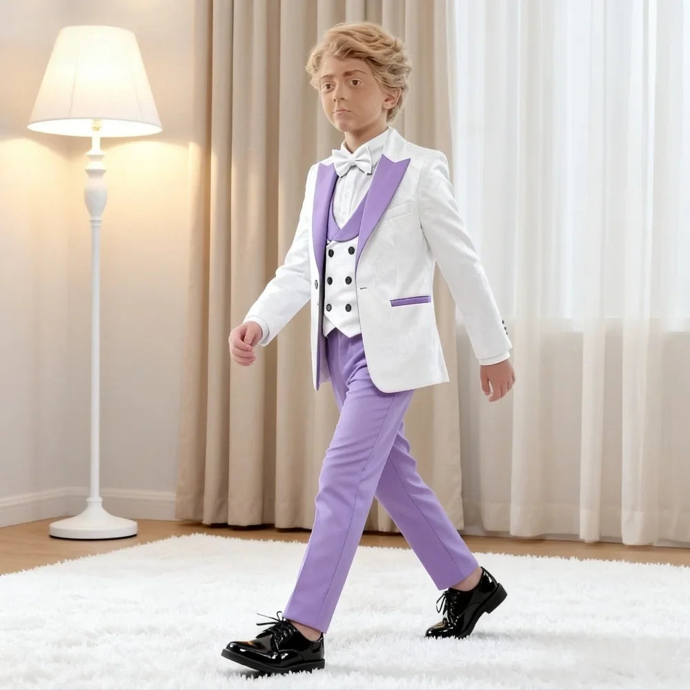 Hot Selling Luxury Lilac White Jacquard Boys Suit Set 4 Piece 3-14 Years Slim Fit Jacket Vest Pants Bow Tie Kids Wedding Formal