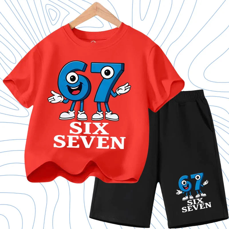New 67 Number Six Seven Print Kids Cool Summer T-shirt 3-12Yrs Clothes Cartoon Short-sleeved+Shorts Boys Girls Sports Casual Set