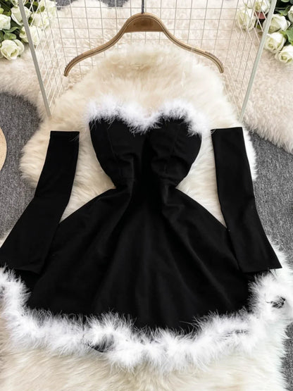 Women's Christmas Dress Sexy Low-cut Waist Thin Big Pendulum Fluffy Splicing Suspender Tube Ling Dress Red